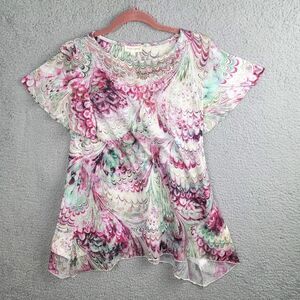Song N Spirit Tunic Pink Green S Boho Marbled Art to Wear Beaded Flutter Sleeves